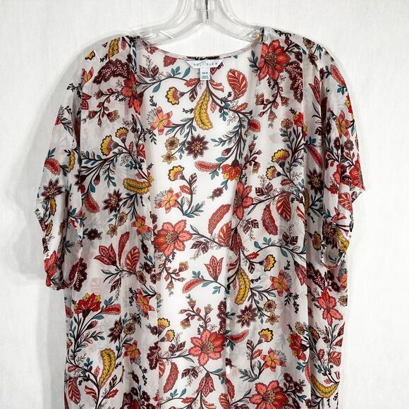 Boutique Plus Size 1X Kimono Floral White Peach Open Front Long Chiffon 857 - Picture 4 of 10